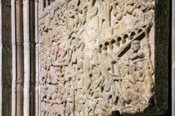 CARCASSONNE, FRANCE - JULY 9, 2008: medieval relief depicting the Siege of Carcassonne by Simon de Montfort in Basilica of Saints Nazarius and Celsus (Basilique Saint Nazaire) in Cite de Carcassonne