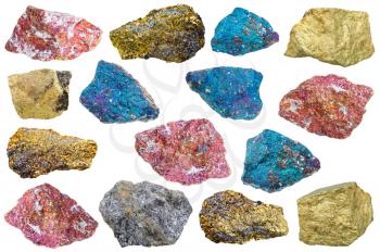 collection of various chalcopyrite (copper pyrite) rocks and minerals isolated on white background