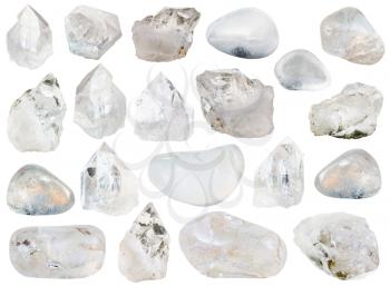 collection of various natural rock crystals (clear quartz, rhinestone, rock-crystal) isolated on white background