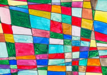 hand painted abstract multicolored checkered pattern drawn by watercolors on paper