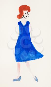training drawing in suibokuga style with watercolor paints - Woman in blue dress and blue shoes on paper