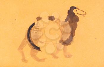 training drawing in suibokuga style with watercolor paints - sketch of camel on yellow colored paper