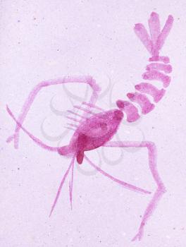 training drawing in suibokuga style with watercolor paints - shrimp on pink colored paper