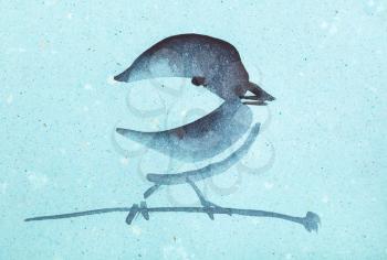 training drawing in suibokuga style with watercolor paints - sparrow on twig on blue colored paper