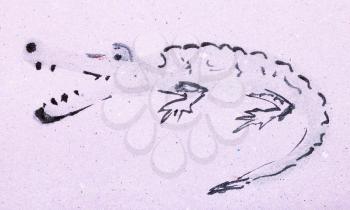 training drawing in suibokuga style with watercolor paints - sketch of crocodile on pink colored paper