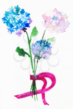 training drawing in suibokuga style with watercolor paints - bouquet from fresh hortensia flowers on paper