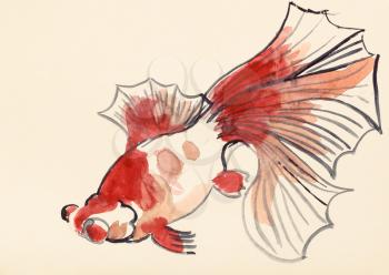 training drawing in suibokuga style with watercolor paints - red goldfish on ivory colored paper