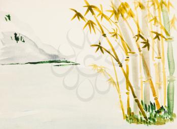 training drawing in suibokuga style with watercolor paints - landscape with bamboo grove and mountain on ivory colored paper