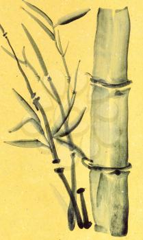 training drawing in suibokuga style with watercolor paints - reed trunk on yellow colored paper