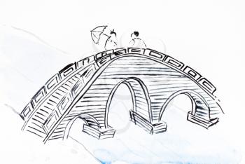 training drawing in suibokuga style with watercolor paints - bridge over river on white paper