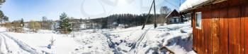 panoramic view of little russian village in sunny winter day in Smolensk region of Russia