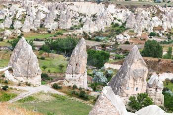 Travel to Turkey - ancient houses in fairy chimney rocks in Goreme National Park in Cappadocia in spring