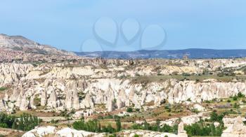 Travel to Turkey - mountain panorama in Goreme National Park in Cappadocia in sunny spring day