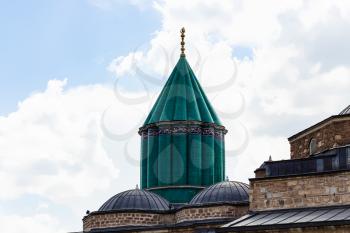 Travel to Turkey - green dome and roof of Shrine of Jalal ad-Din Muhammad Rumi (Mevlana) and Dervish Lodge (Tekke) of the muslim Mevlevi order in Konya city