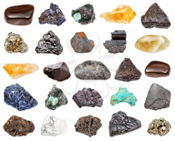 set of various minerals isolated on white background : cassiterite, peridotite, jaspillite, prasiolite, turquoise, cuprite, beryl, howlite, citrine, goethite, schorl, pyrite, hematite, sodalite
