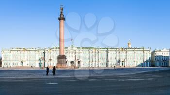view of Palace Square with Alexander Column and Winter Palace in Saint Petersburg city in spring morning