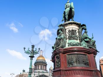 Monument to Nicholas I and dome of Saint Isaac's Cathedral Cathedral on St Isaac Square in Saint Petersburg city in March
