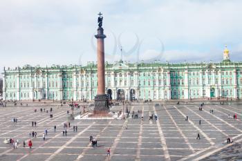 above view of Palace Square with Alexander Column and Winter Palace in Saint Petersburg city in march evening