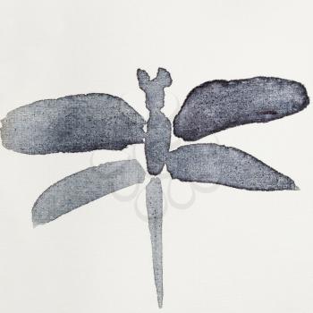 hand painting in sumi-e style on cream paper - dragonfly drawn by black watercolors