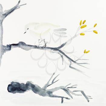 hand painting in sumi-e style on cream paper - bird on tree branch drawn by black and yellow watercolors