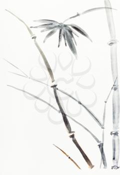 hand painting in sumi-e style on cream paper - bamboo bush drawn by black and brown watercolors