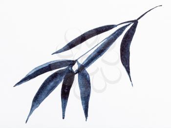hand painting in sumi-e style on white paper - bamboo branch drawn by black watercolors
