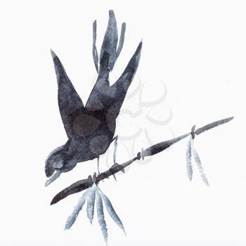 hand painting in sumi-e style on white paper - bird on bamboo twig drawn by black watercolors