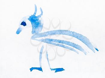 hand painting in sumi-e style on white paper - blue decorative bird drawn by watercolors