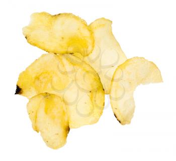 several salty potato chips isolated on white background