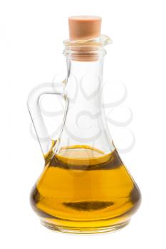 closed glass jug with olive oil isolated on white background