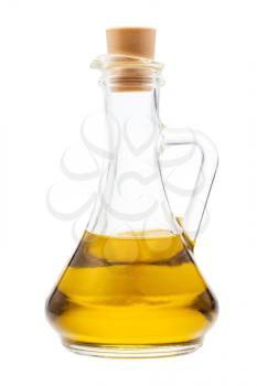 side view of closed glass jug with olive oil isolated on white background