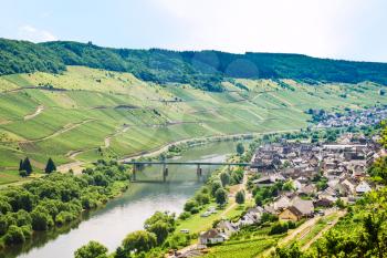 travel to Germany - small town in valley of Mosel river in Cochem - Zell region on Moselle wine route in sunny summer day