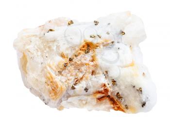macro shooting of natural mineral stone - specimen of quartz rock with natural gold pieces isolated on white background
