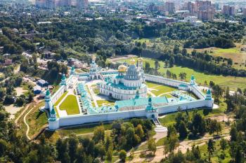 above view of Istra town and New Jerusalem (Novoiyerusalimsky, Voskresensky Resurrection) Monastery in Moscow Oblast in summer day