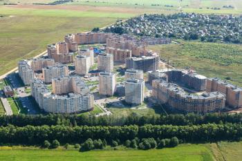 above view of new residential district Novosnegirovskiy in Moscow Region near in Rozhdestveno village in summer day