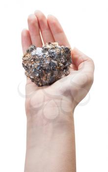 above view of zinc and lead mineral ore (sphalerite with galena) on female palm isolated o