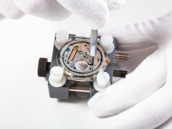 watchmaker workshop - repairing quartz watch close up with screwdriver on white background