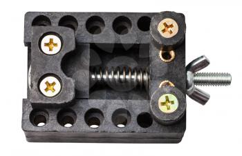 watchmaker workshop - top view of adjustable holder for repairing of wristwatch isolated on white background