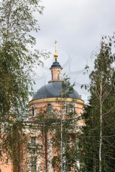 view of Church the Temple of the Great Martyr Barbara on Varvarka street in Moscow in september