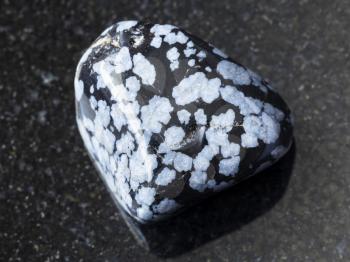 macro shooting of natural mineral rock specimen - tumbled snowflake obsidian gem stone on dark granite background from USA