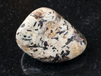macro shooting of natural mineral rock specimen - black aegirine in tumbled Sanidine and nepheline stone on dark granite background from Lovozero Massif, Kola peninsula, Russia