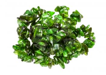 pile of beads from natural chrome diopside crystals isolated on white background