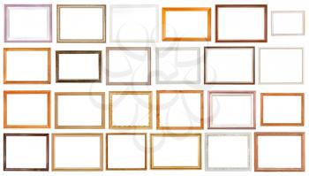 set of various wooden picture frames with cut out canvas isolated on white background