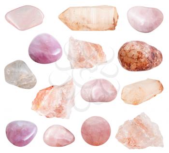 collection of natural mineral specimens - various Rose Quartz gemstones isolated on white background