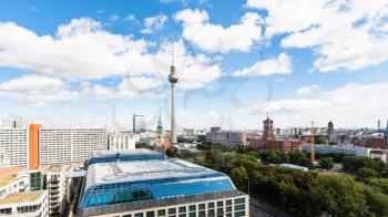 travel to Germany - panoramic view of Berlin city with TV tower and Rotes Rathaus from Berliner Dom in september