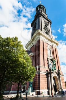 Travel to Germany - tower of St Michael's Church (Hauptkirche Sankt Michaelis) in Hamburg city in september
