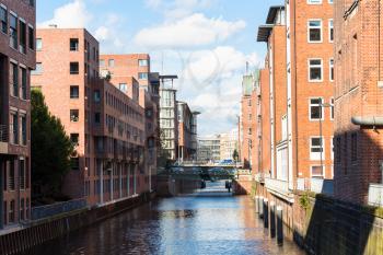 Travel to Germany - view of Herrengrabenfleet canal and Pulverturmsbrucke bridge in Hamburg city downtown in september