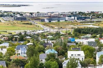 travel to Iceland - above view of Reykjavik city and Atlantic ocean coast from Hallgrimskirkja church in september