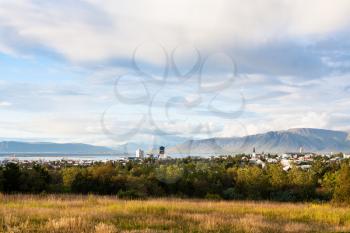 travel to Iceland - view of Reykjavik city from Oskjuhlid Hill in september evening