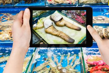 travel concept - tourist photographs geoduck clams on Huangsha Aquatic Product Trading Market in Guangzhou city in China in spring season on tablet